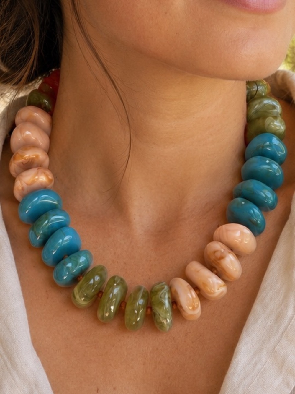 Chunky Multicolor Bead Necklace - Blue, Green & Peach